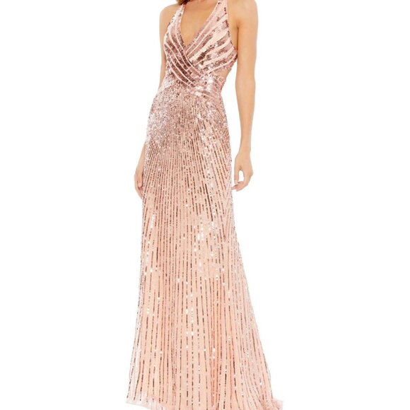 NWT Mac Duggal 5390 Sleeveless Faux Wrap Rose Gold Sequin Gown SZ 6‎ - Picture 1 of 4